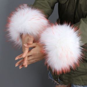 009 fluffy Faux fur cuffs in White with Orange tint