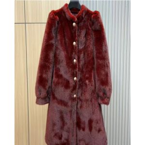 Burgundy Faux Fur Long Coat with Pearl Buttons