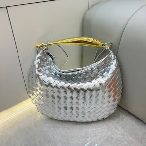 B1861 Woven handbag with Gold metal handle in Silver