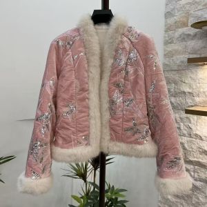 Velvet Swan Jacket with Embroidery Leaves Detail in Pink DH33