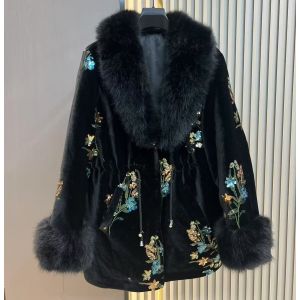 Laura Sparkly Embroidered Velvet Coat in Black DH34
