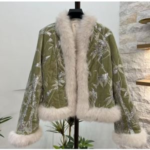 Velvet Swan Jacket with Embroidery Leaves Detail in Green DH33