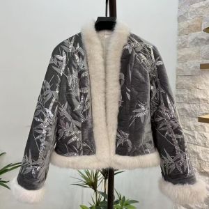 Velvet Swan Jacket with Embroidery Leaves Detail in Grey DH33
