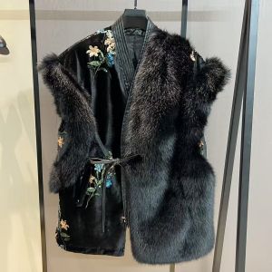 Black Velvet & Faux Fur Trim Embroidered Gilet DH35