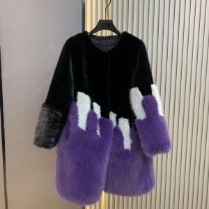 Statement Colorblock Faux Fur Coat in Black/Purple DH13