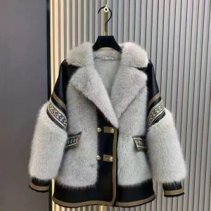 Beige Faux Fur & Leather Trim Jacket with Embroidery DH04
