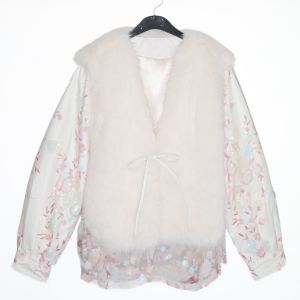 Floral Sleeve & Faux Fur Vest Layered Jacket in Cream DH02