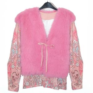 Floral Sleeve & Faux Fur Vest Layered Jacket in Pink DH02