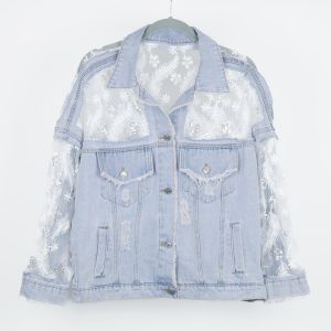 Denim Jacket with Sheer Lace Feather Embroidery DNM03