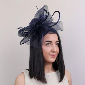 Navy Delicate Mesh Loops and Feather Fascinator