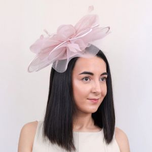 Dusty Pink Delicate Mesh Loops and Feather Fascinator