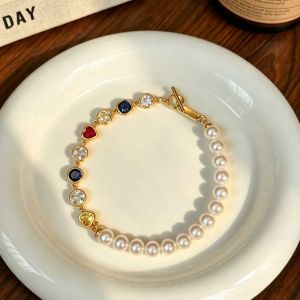 Gold Tone Heart & Square Gem Pearl Beaded Bracelet
