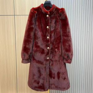 Burgundy Faux Fur Long Coat with Pearl Buttons